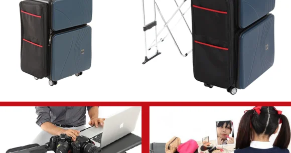 Rolling suitcase with built-in desk is perfect for mobile businesspeople and cosplayers alike