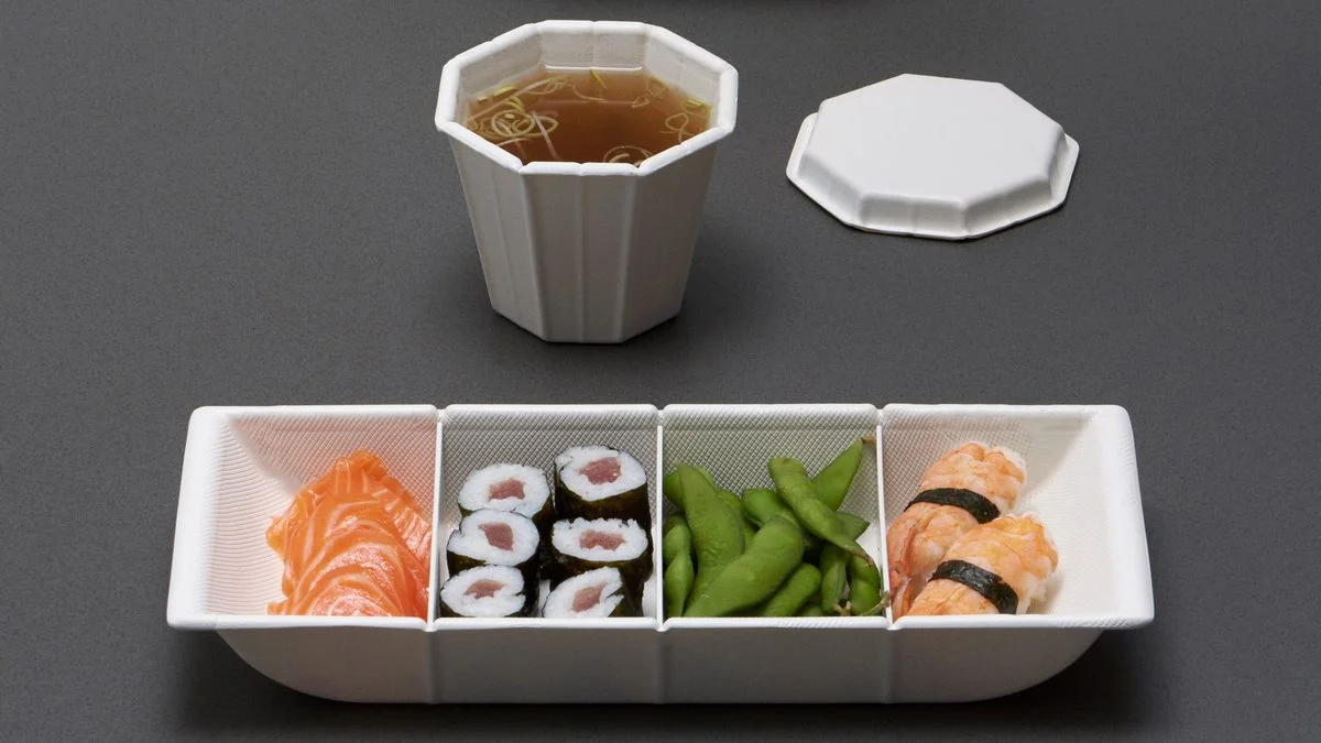 Anna Piasek makes bento-style boxes for takeaway food from moulded cellulose